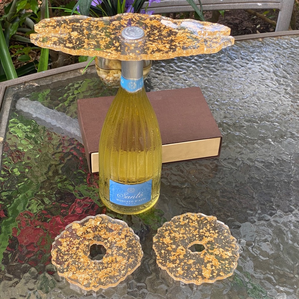 Gold Flake Wine Caddy & Coaster Set Resin Art - Picture 3 of 16
